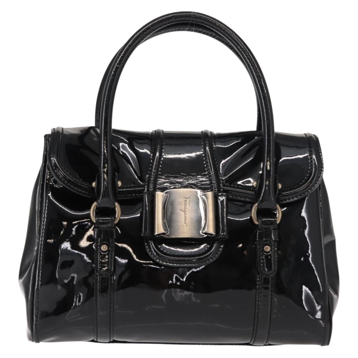 Salvatore Ferragamo Vala Hand Bag Enamel Black Gold Auth BA7339