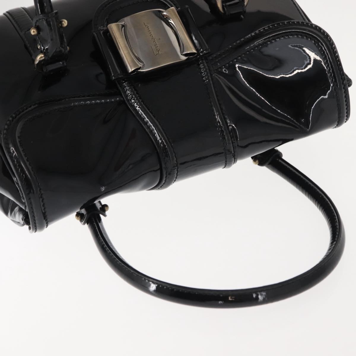 Salvatore Ferragamo Vala Hand Bag Enamel Black Gold Auth BA7339