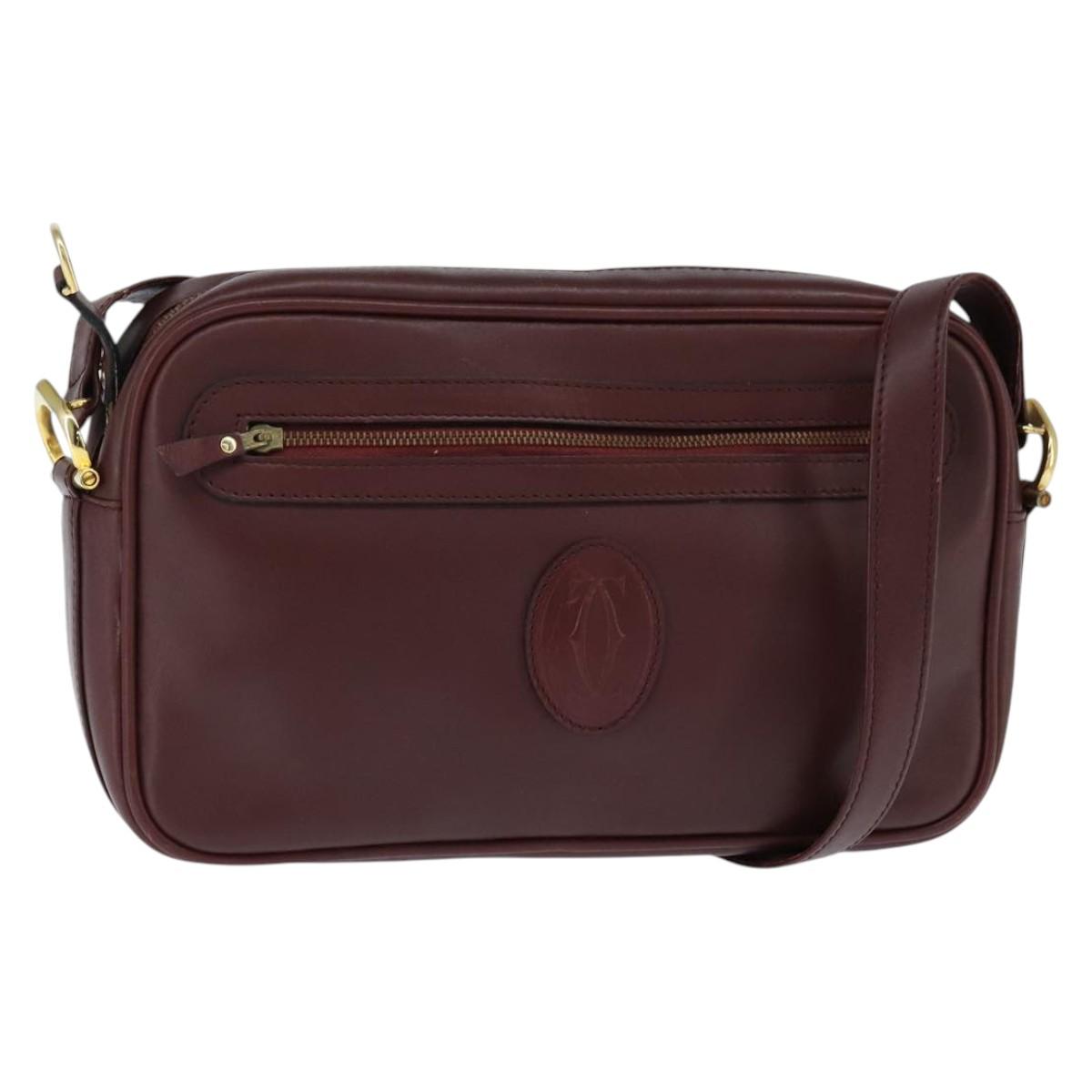 CARTIER Must Line Shoulder Bag Leather Bordeaux Gold Auth BA7350