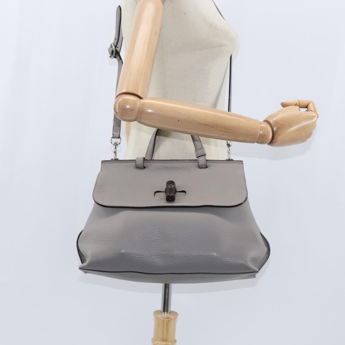 GUCCI Bamboo Hand Bag Leather 2way Gray Silver 392013 Auth BA7471