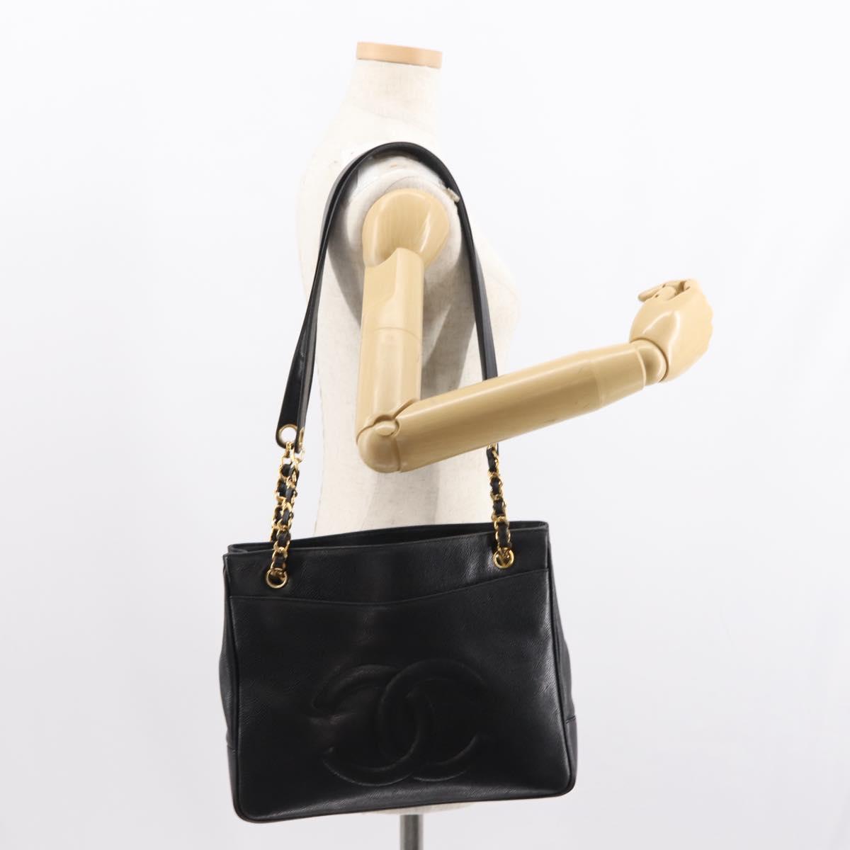 CHANEL Tote Bag Caviar Skin Black Gold CC Auth BA7490