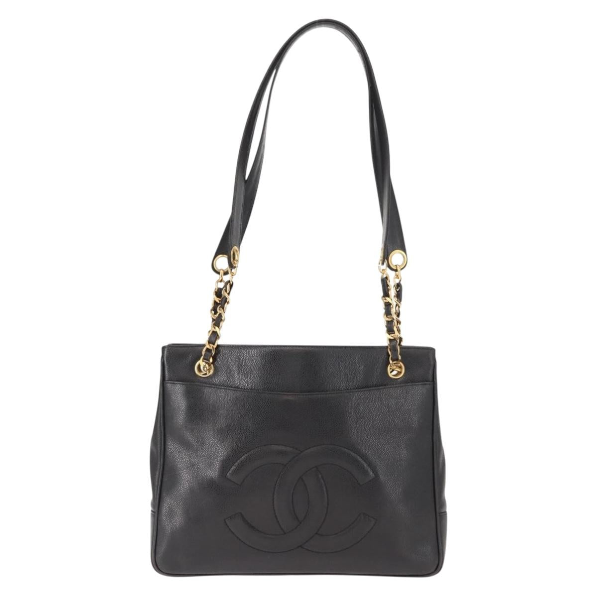 CHANEL Tote Bag Caviar Skin Black Gold CC Auth BA7490