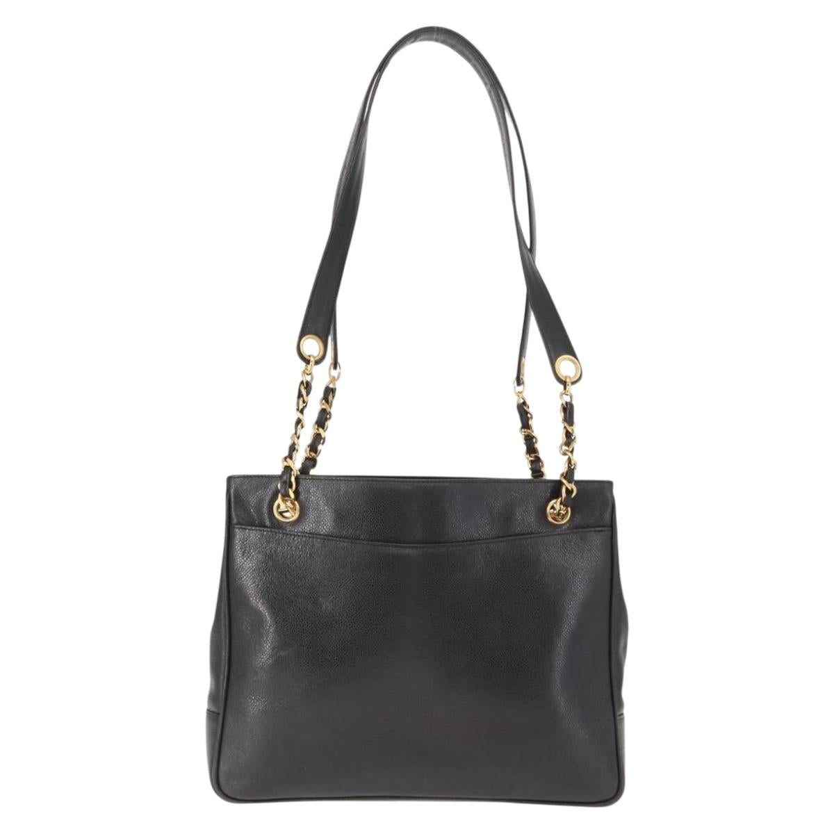 CHANEL Tote Bag Caviar Skin Black Gold CC Auth BA7490