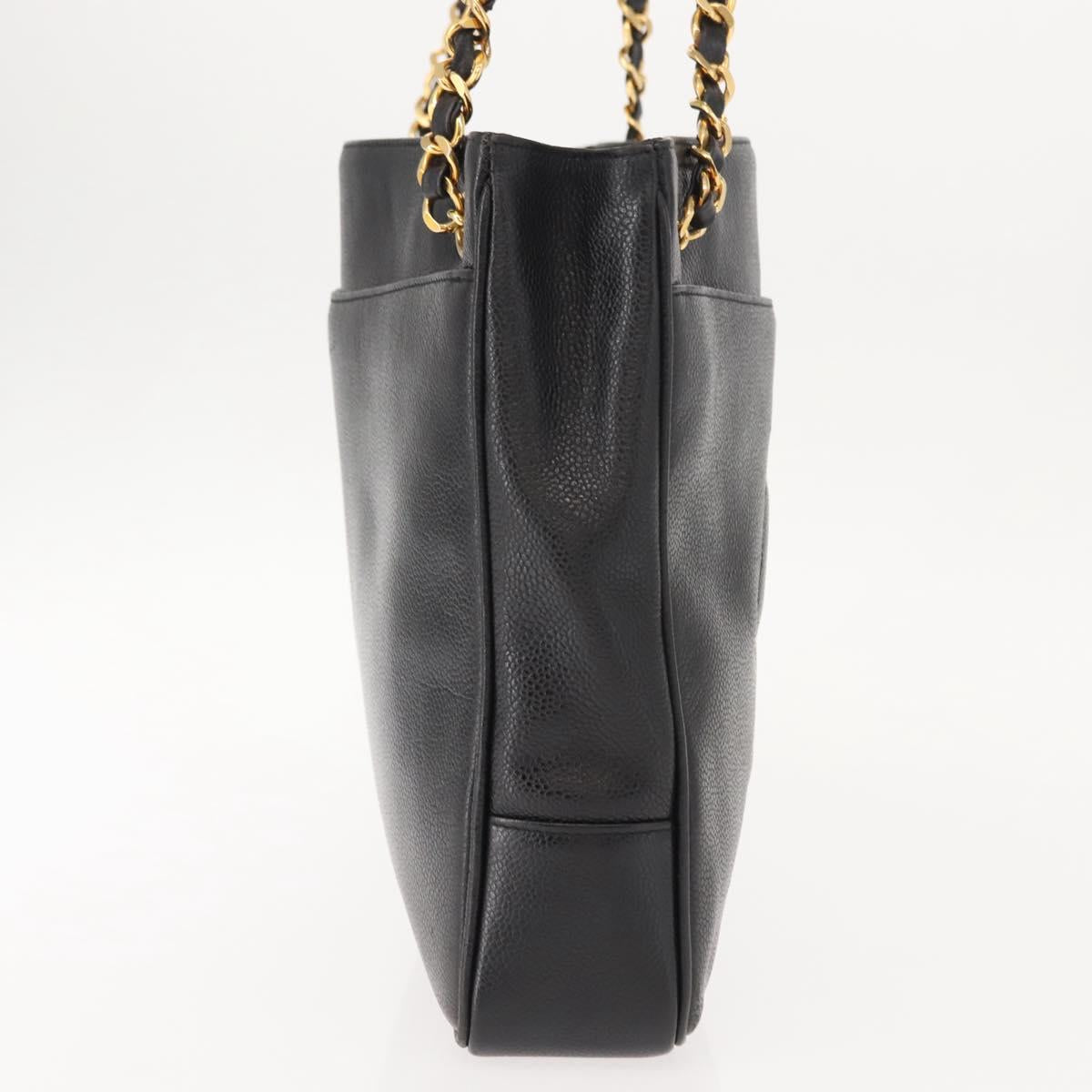CHANEL Tote Bag Caviar Skin Black Gold CC Auth BA7490