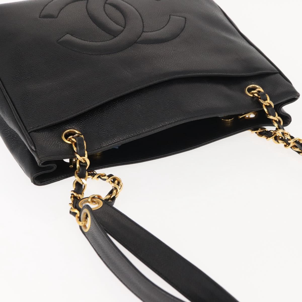 CHANEL Tote Bag Caviar Skin Black Gold CC Auth BA7490