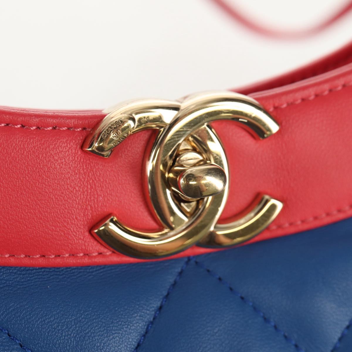 CHANEL Matelasse Hand Bag Lamb Skin 2way Blue Gold CC Auth BA7491SAM
