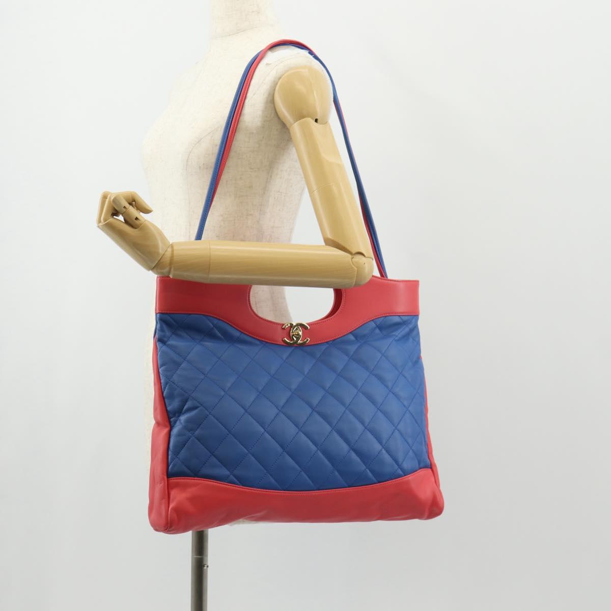 CHANEL Matelasse Hand Bag Lamb Skin 2way Blue Gold CC Auth BA7491SAM
