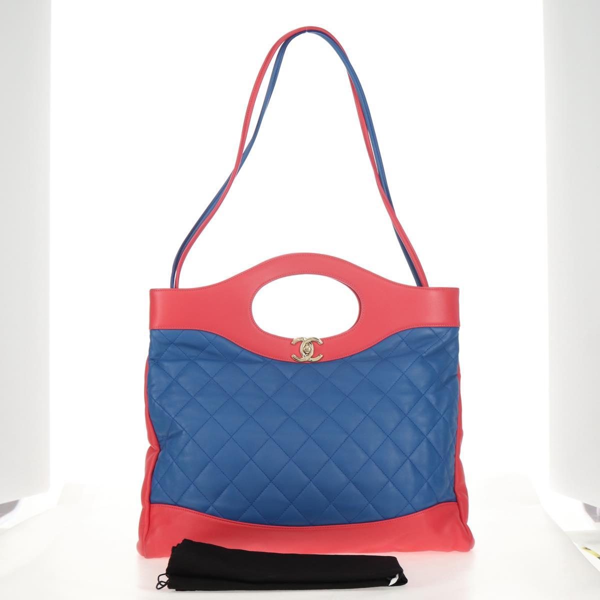 CHANEL Matelasse Hand Bag Lamb Skin 2way Blue Gold CC Auth BA7491SAM