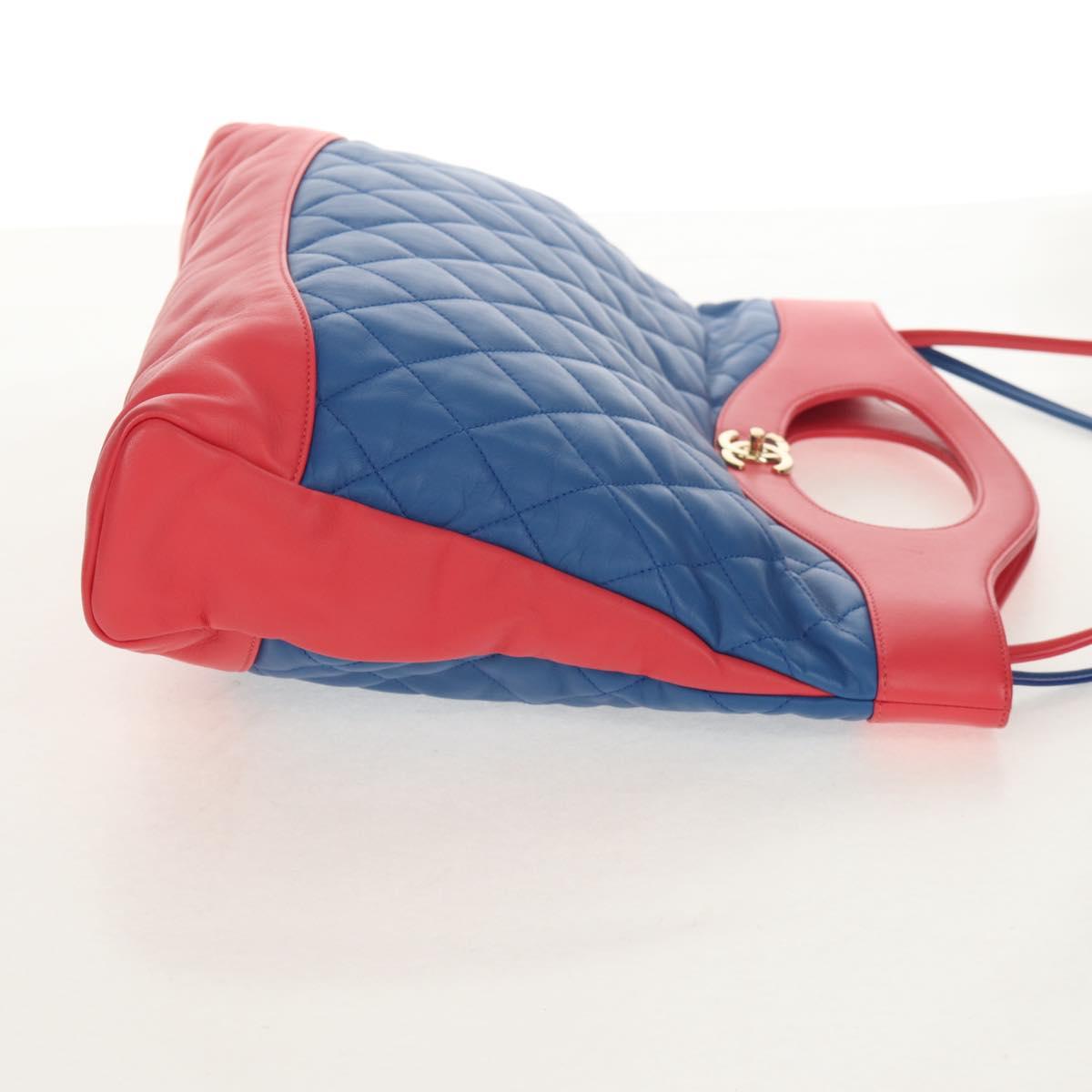 CHANEL Matelasse Hand Bag Lamb Skin 2way Blue Gold CC Auth BA7491M