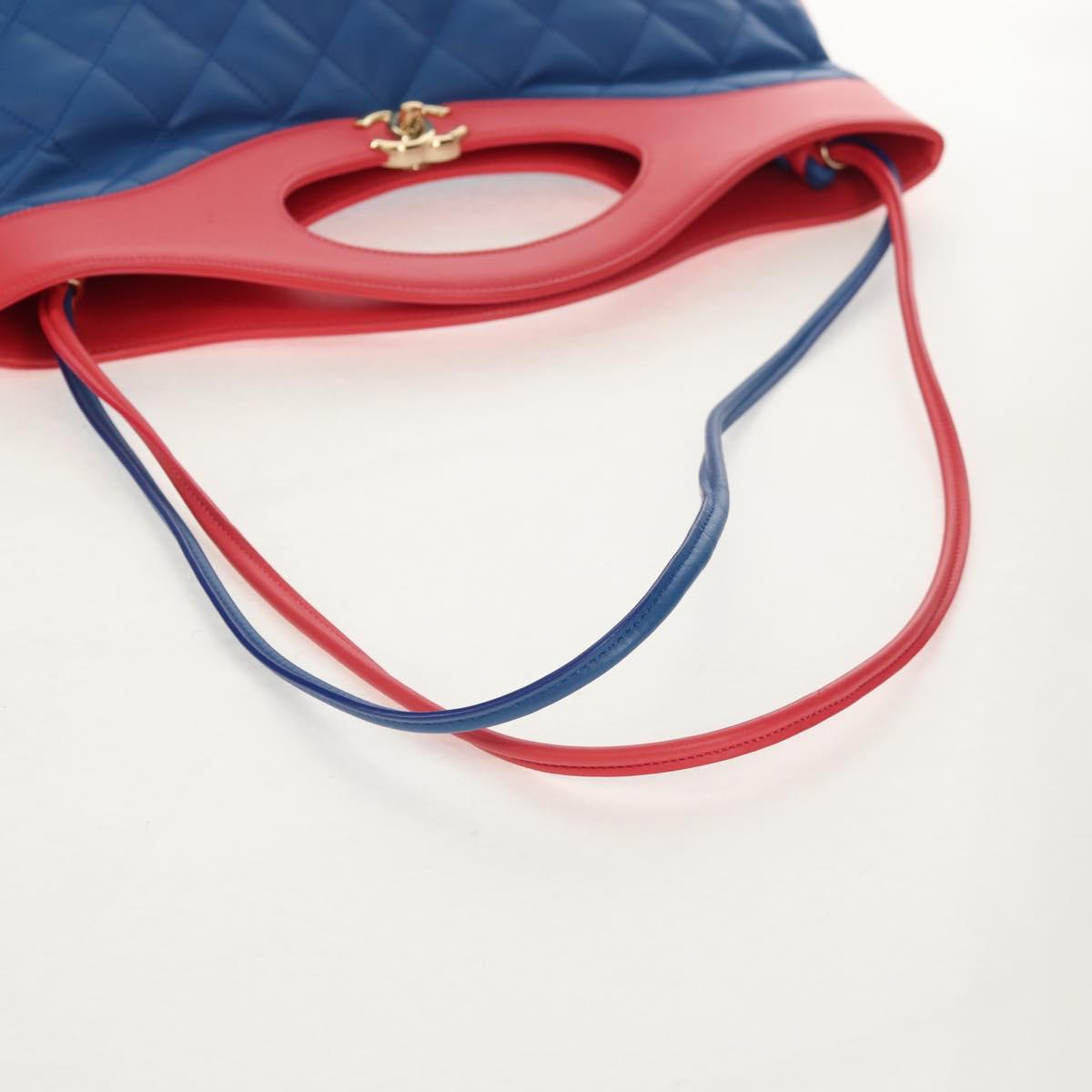 CHANEL Matelasse Hand Bag Lamb Skin 2way Blue Gold CC Auth BA7491M