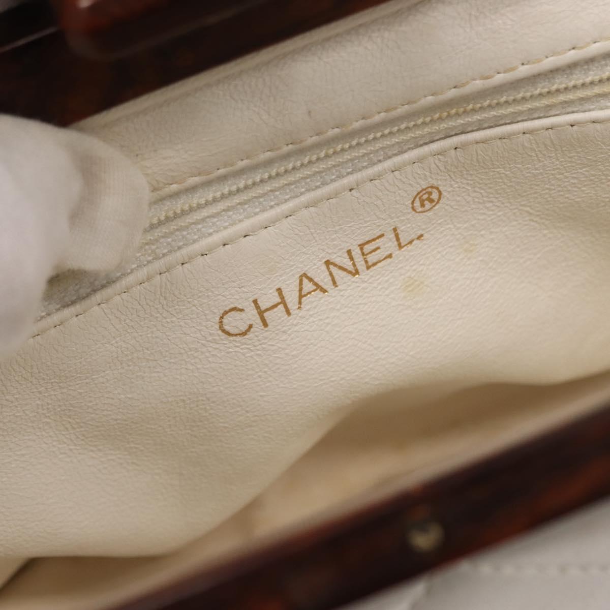 CHANEL Wood Chain Shoulder Bag Lamb Skin White Gold CC Auth BA7494