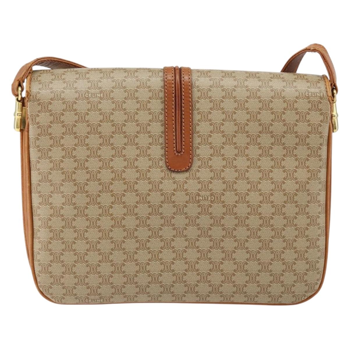 CELINE Macadam Canvas Shoulder Bag PVC Leather Beige Gold Auth BA7520