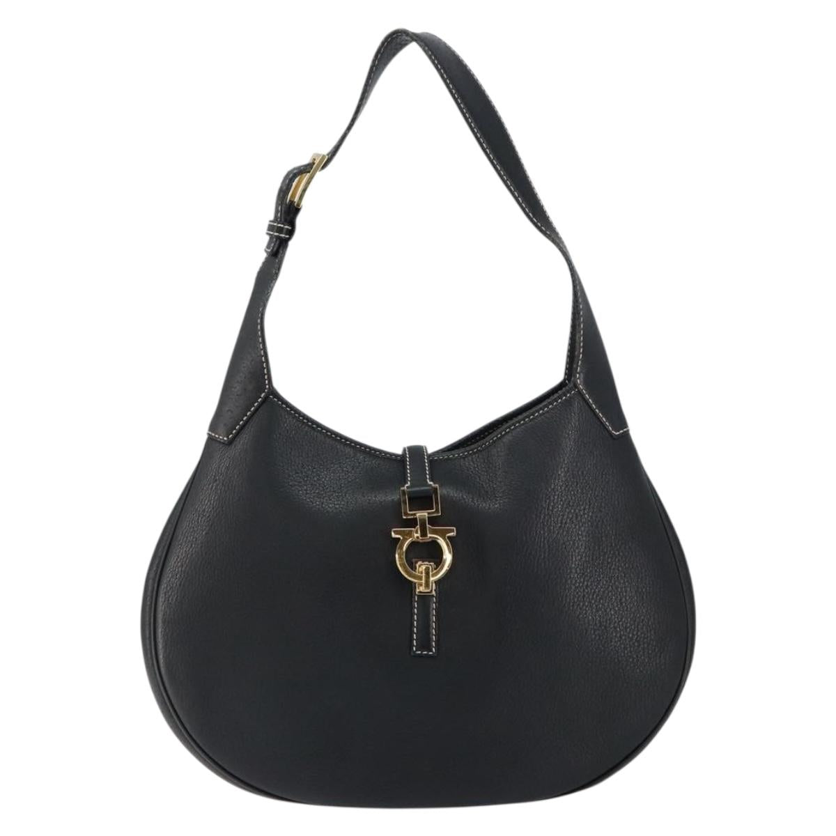 Salvatore Ferragamo Gancini Shoulder Bag Leather Black Gold Auth BA7529
