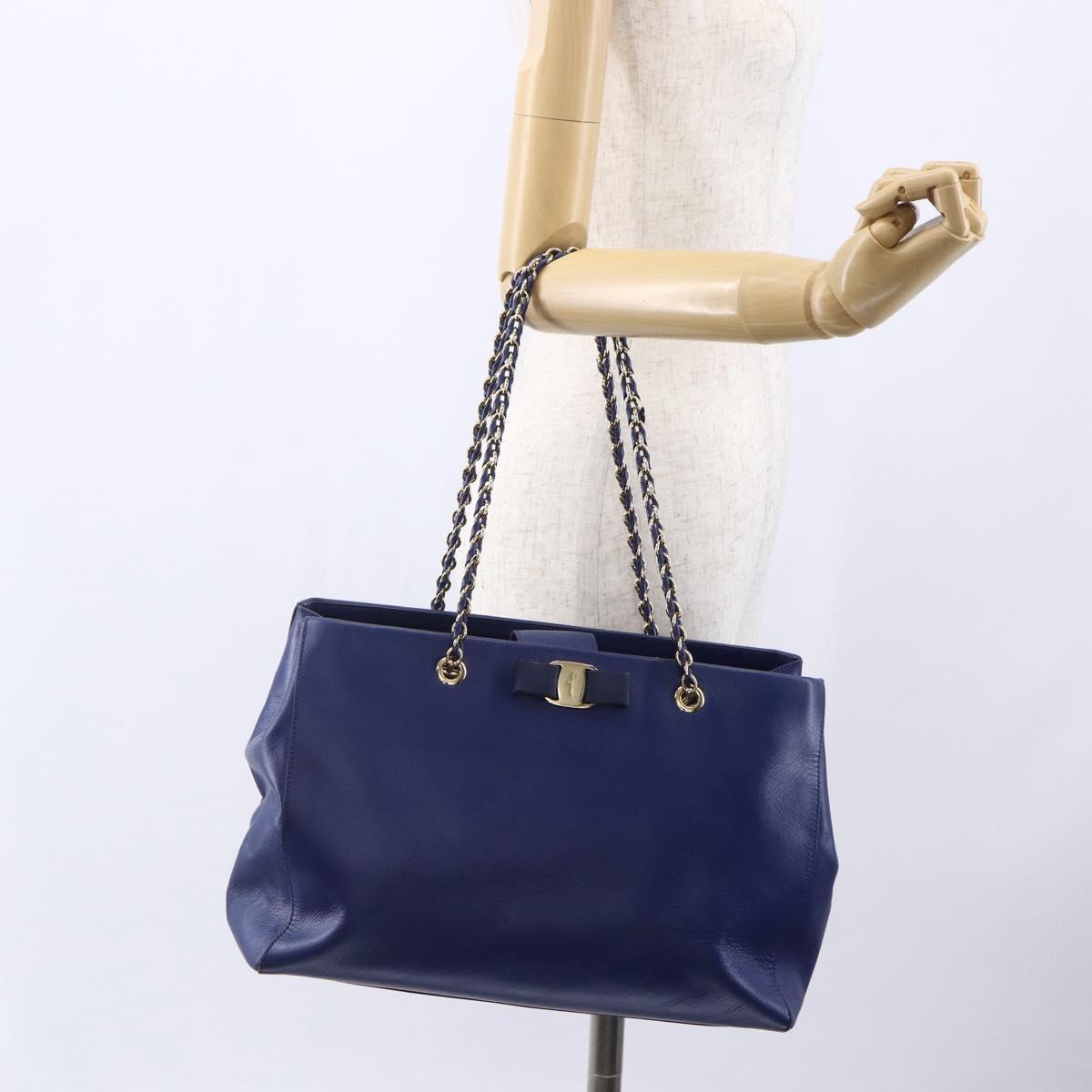 Salvatore Ferragamo Vala Chain Tote Bag Leather Blue Gold Auth BA7531