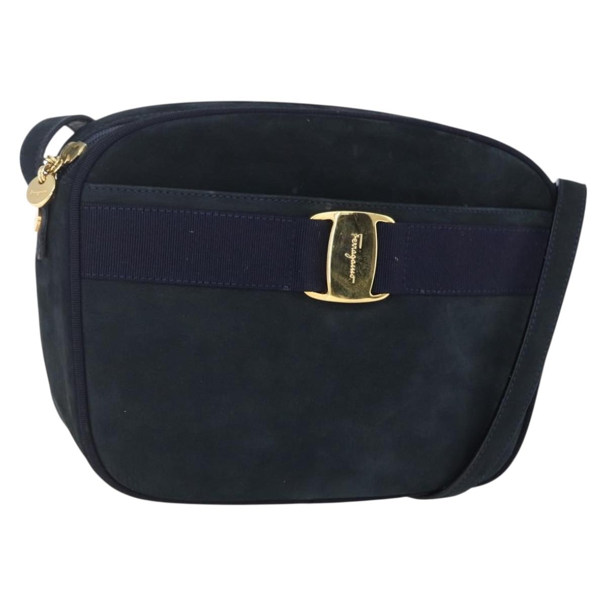 Salvatore Ferragamo Vala Shoulder Bag Leather Navy Gold Auth BA7533