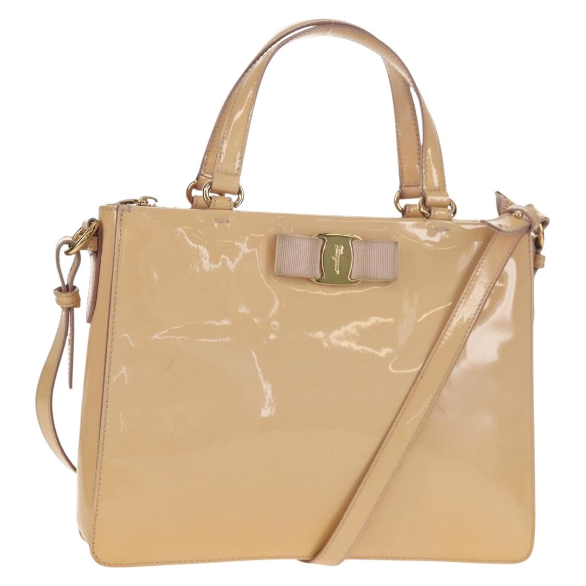 Salvatore Ferragamo Hand Bag Enamel 2way Beige Gold Auth BA7537