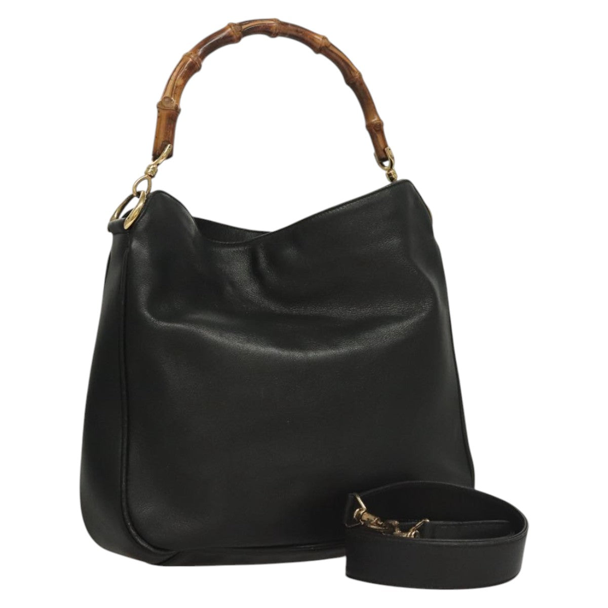 GUCCI Bamboo Hand Bag Leather 2way Black Gold 001 3444 1638 Auth BA755