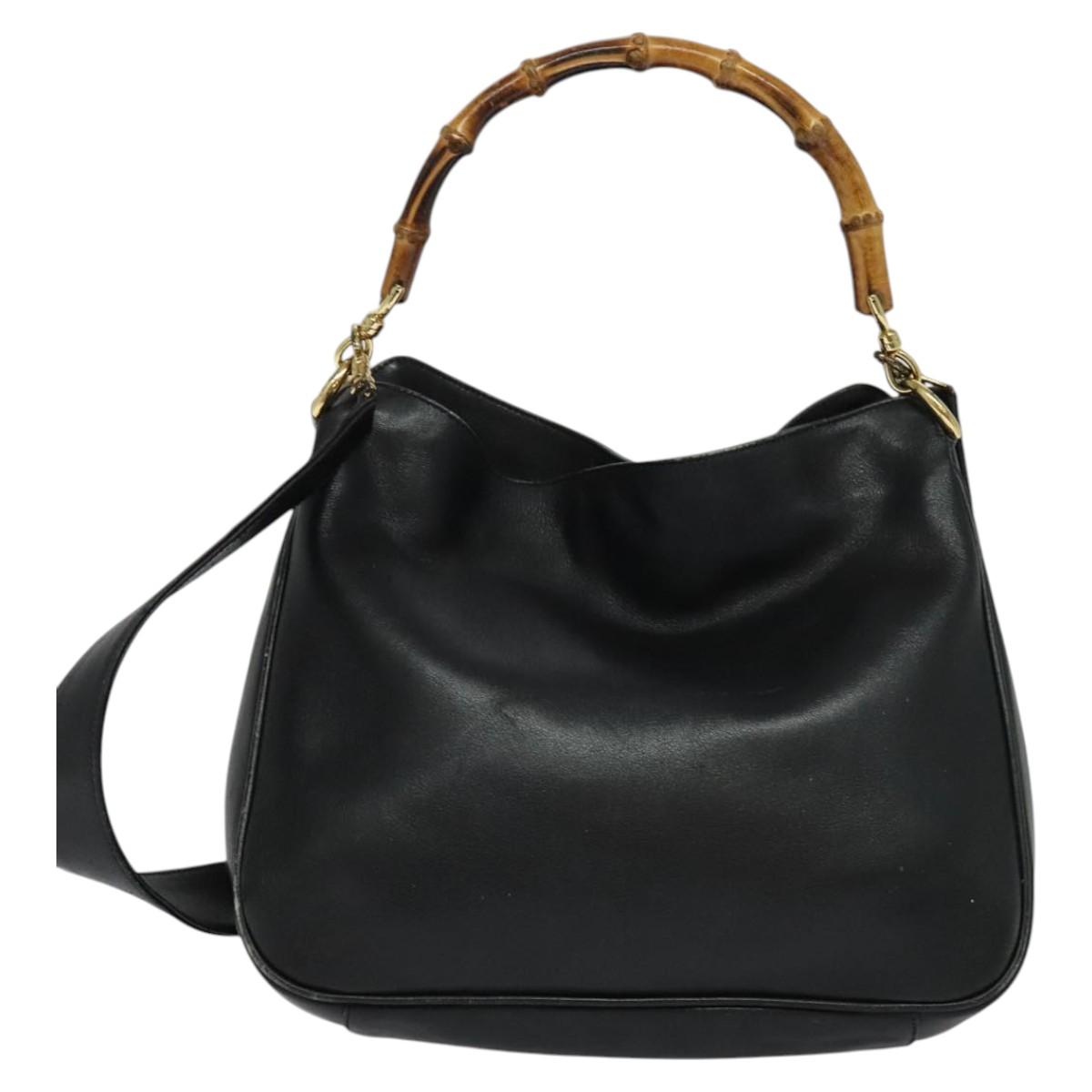 GUCCI Bamboo Hand Bag Leather 2way Black Gold 001 3444 1638 Auth BA755