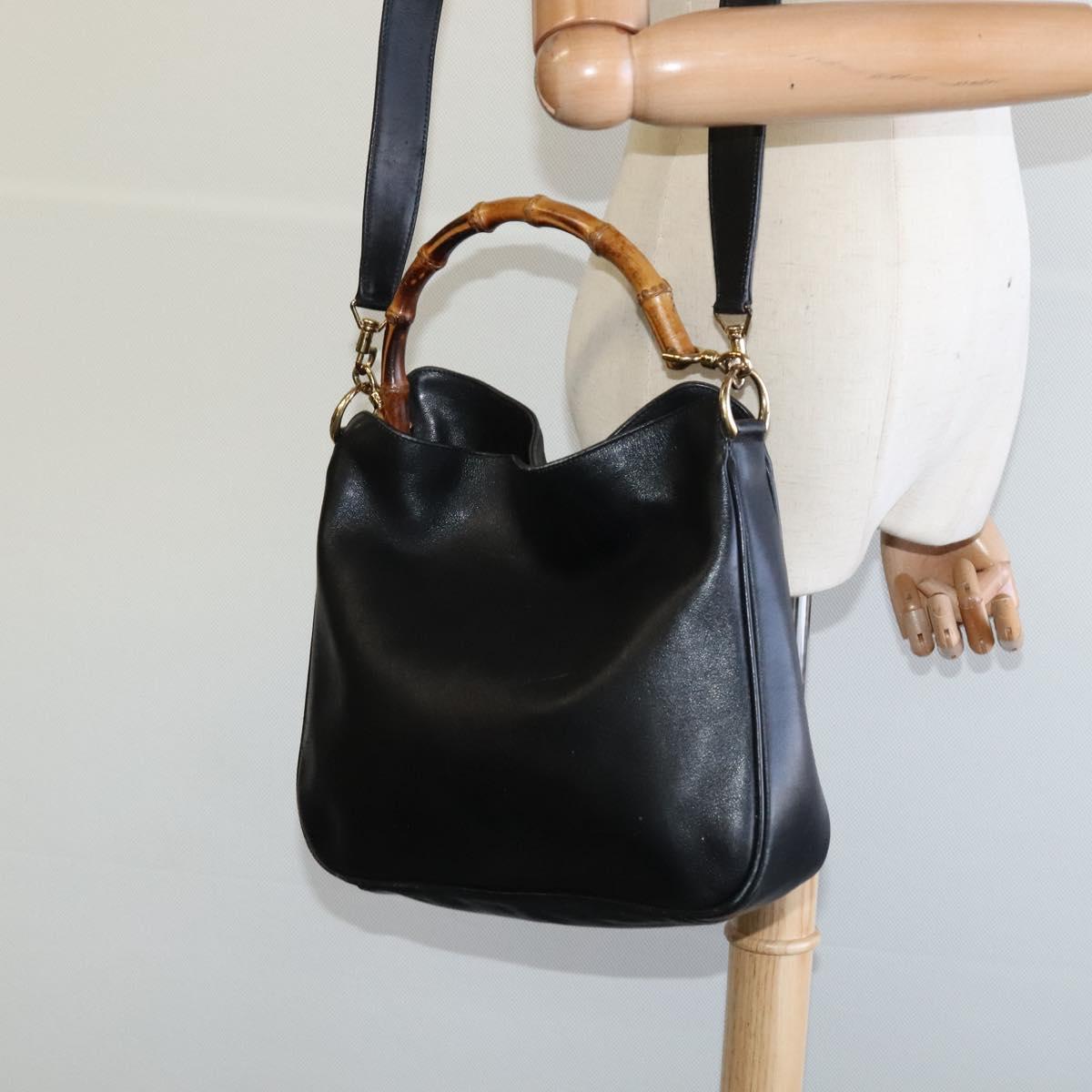 GUCCI Bamboo Hand Bag Leather 2way Black Gold 001 3444 1638 Auth BA755