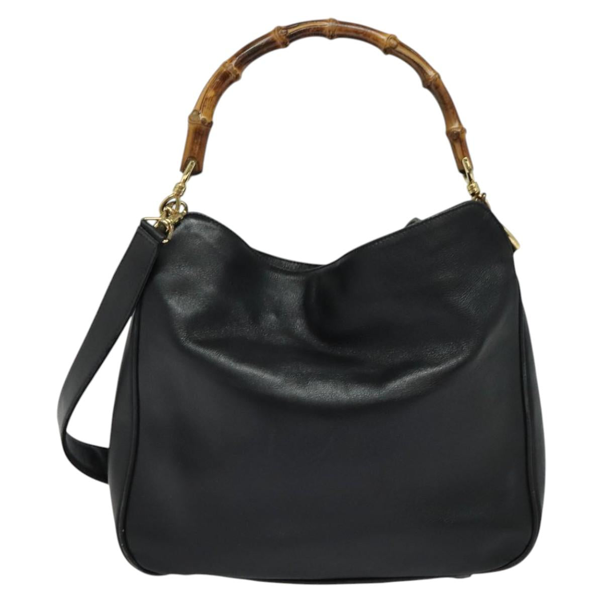 GUCCI Bamboo Hand Bag Leather 2way Black Gold 001 3444 1638 Auth BA755