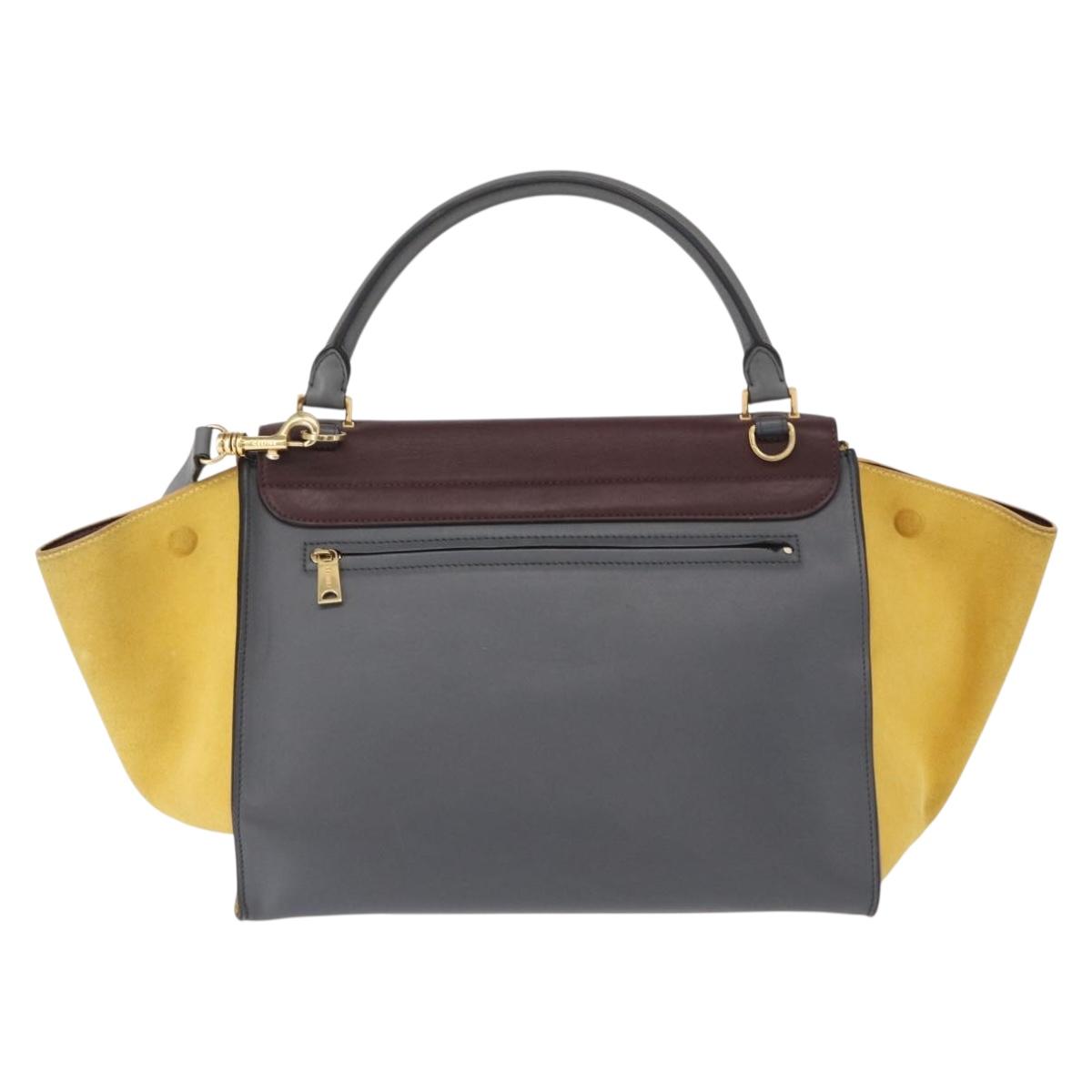 CELINE Trapeze Medium Hand Bag Leather 2way Gray Gold Auth BA7555
