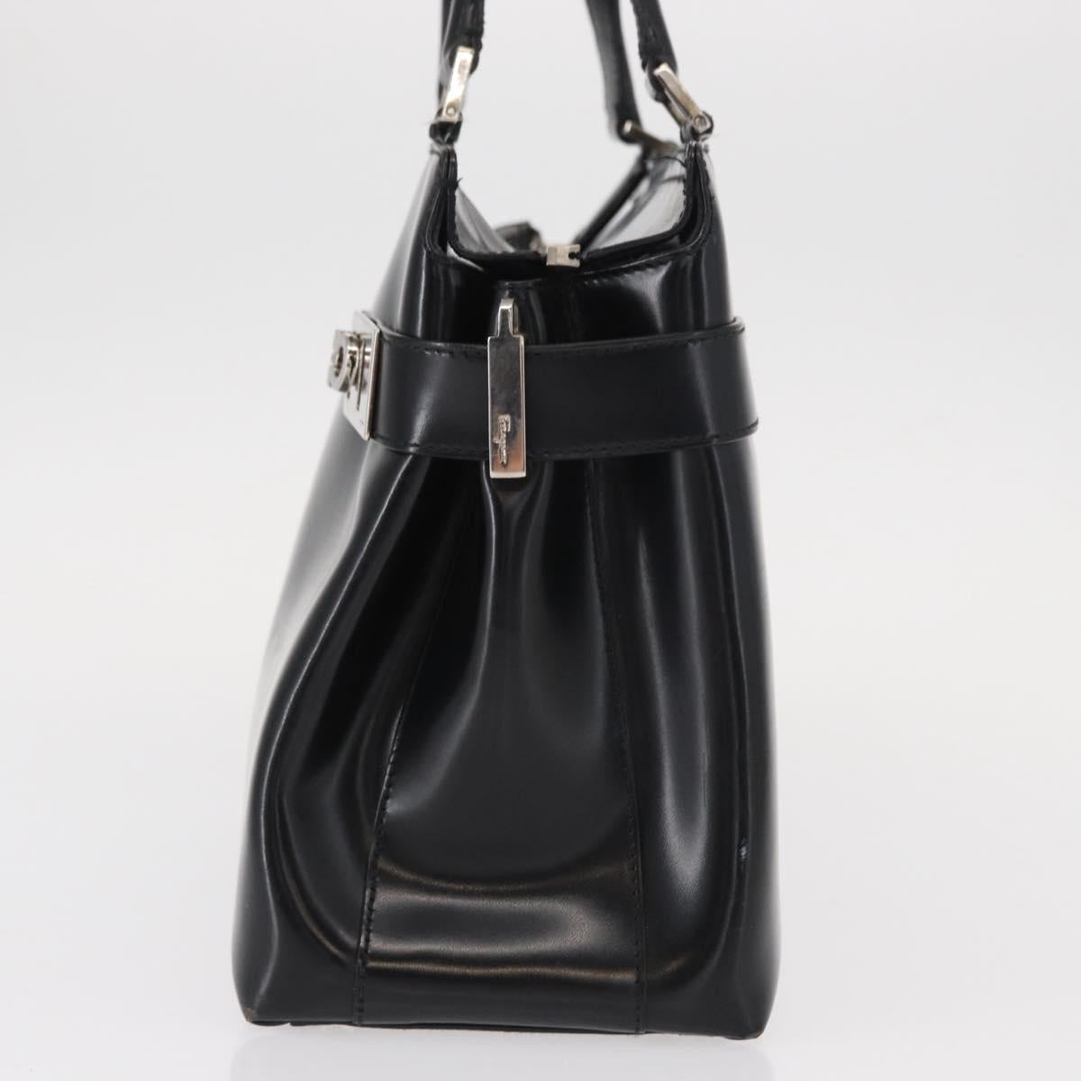 Salvatore Ferragamo Gancini Hand Bag Leather Silver Black Auth BA7660