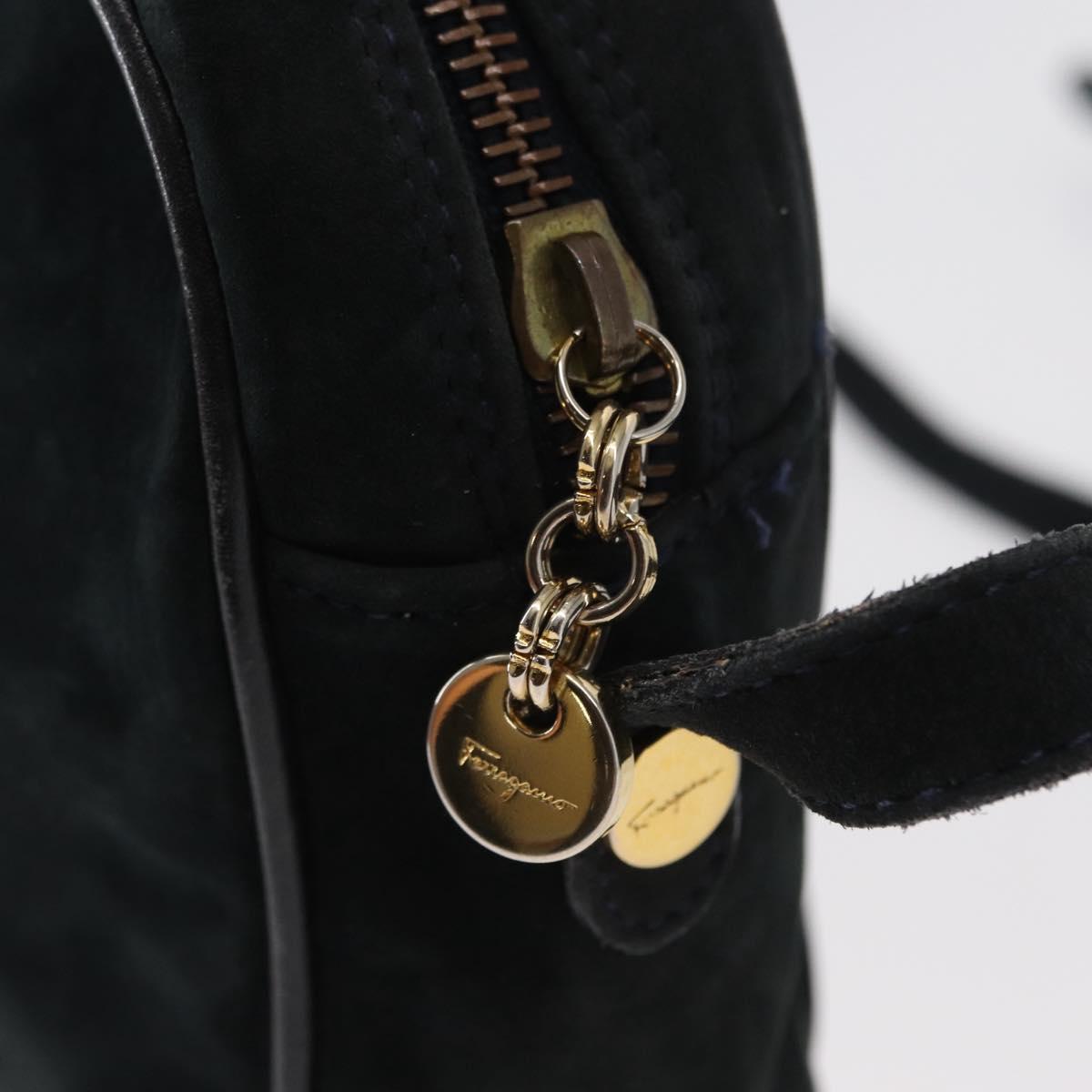 Salvatore Ferragamo Vala Shoulder Bag Suede Navy Gold Auth BA7661