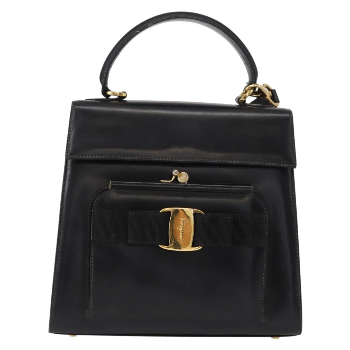 Salvatore Ferragamo Vala Hand Bag Leather 2way Black Gold Auth BA7663