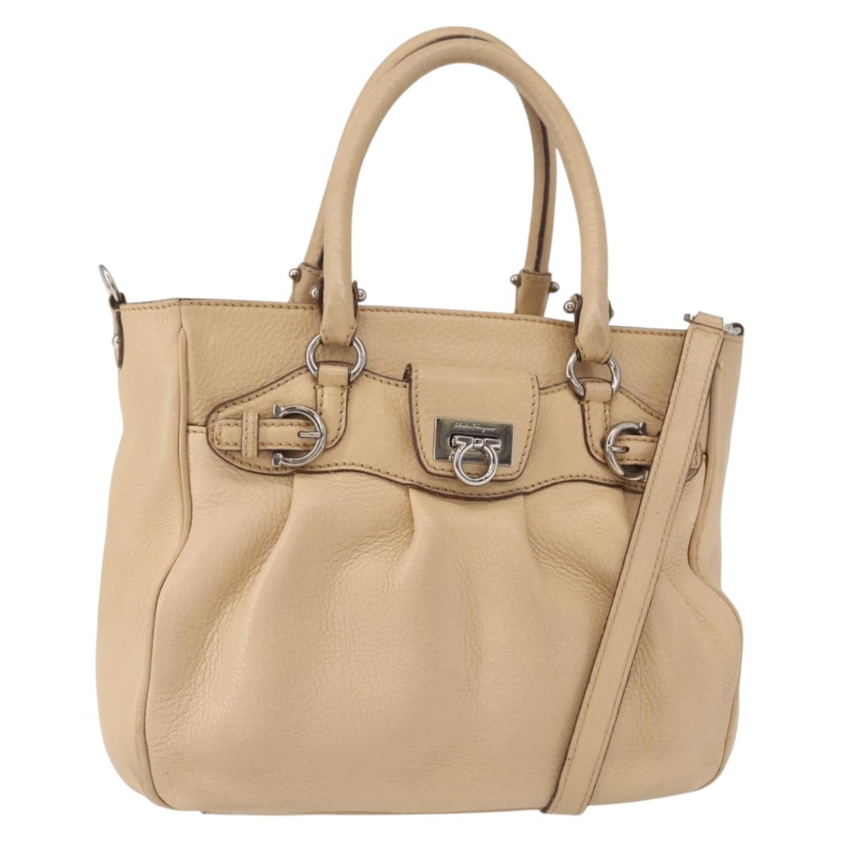 Salvatore Ferragamo Hand Bag Leather 2way Beige Silver Auth BA7666