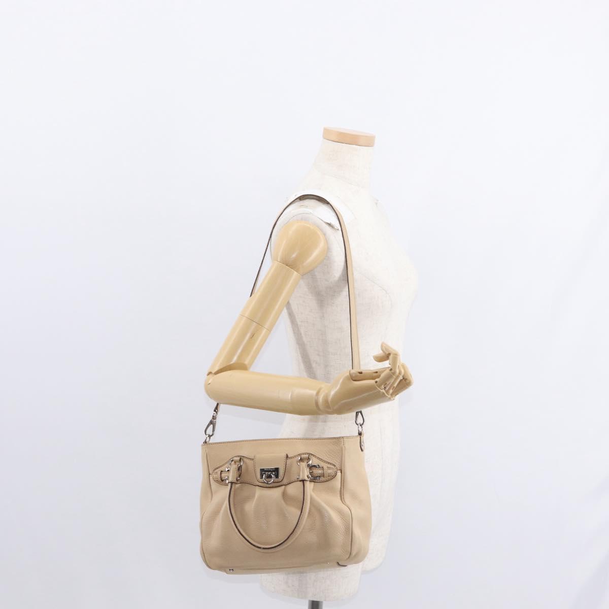 Salvatore Ferragamo Hand Bag Leather 2way Beige Silver Auth BA7666