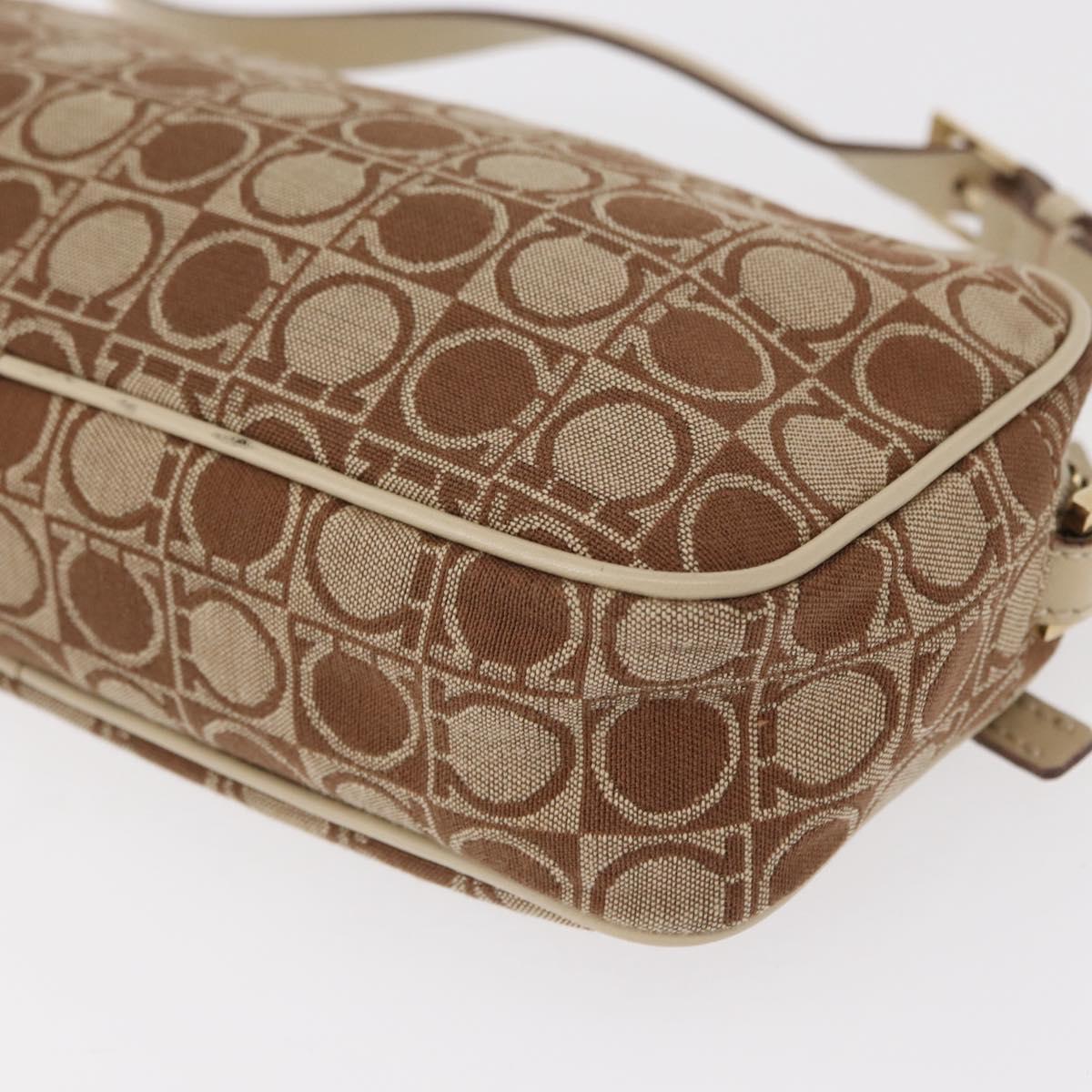 Salvatore Ferragamo Gancini Shoulder Bag Canvas Leather Beige Gold Auth BA7672