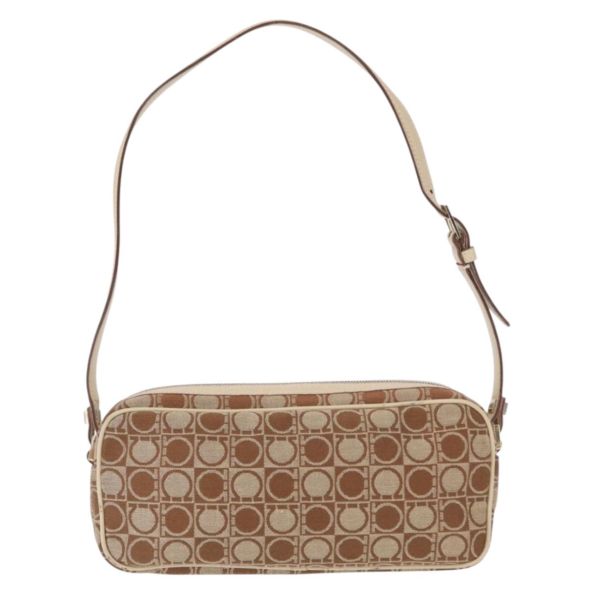 Salvatore Ferragamo Gancini Shoulder Bag Canvas Leather Beige Gold Auth BA7672