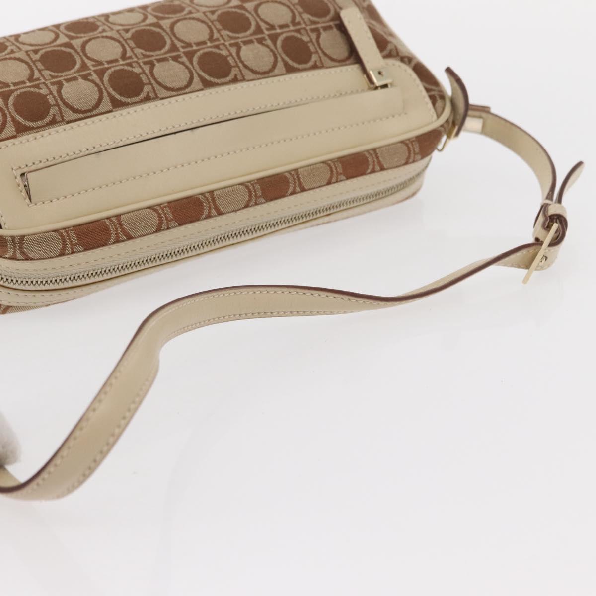 Salvatore Ferragamo Gancini Shoulder Bag Canvas Leather Beige Gold Auth BA7672