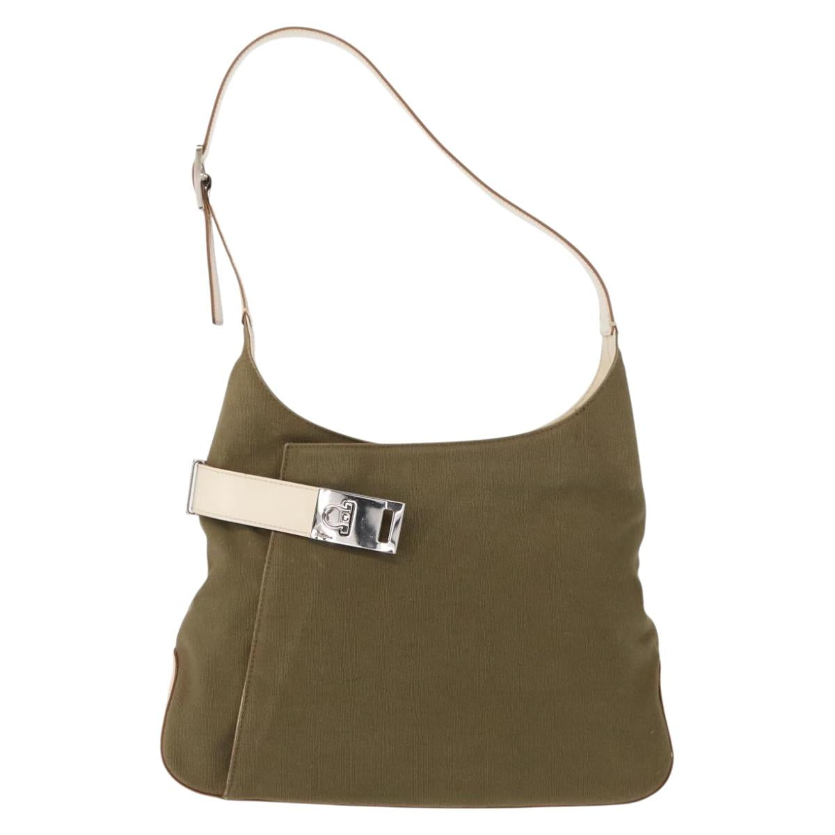 Salvatore Ferragamo Gancini Shoulder Bag Canvas Beige Silver Auth BA7674