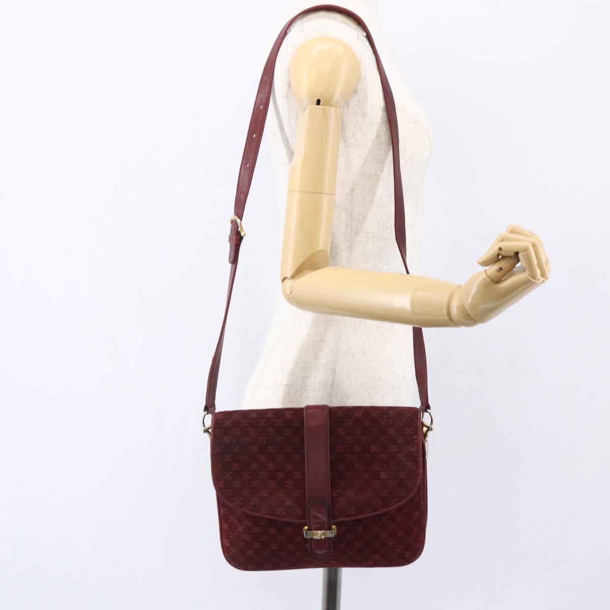 CELINE Macadam Canvas Shoulder Bag Suede Bordeaux Gold Auth BA7684
