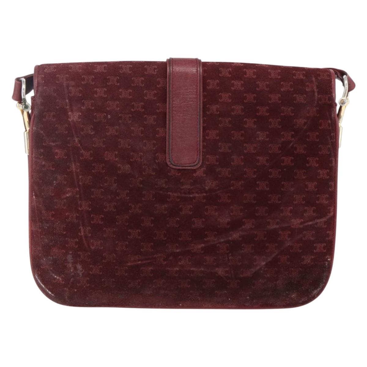 CELINE Macadam Canvas Shoulder Bag Suede Bordeaux Gold Auth BA7684