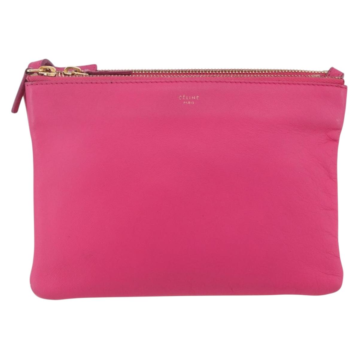 CELINE Trio Small Shoulder Bag Leather Pink Gold Auth BA7686