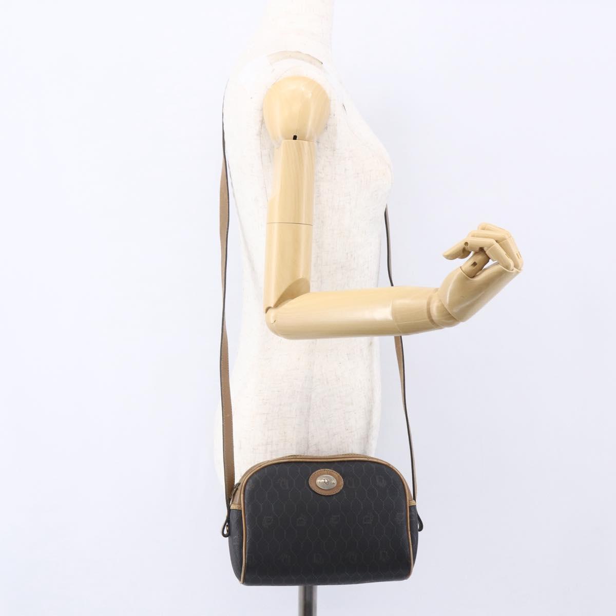 Christian Dior Honeycomb Canvas Shoulder Bag PVC Black Gold Auth BA7694