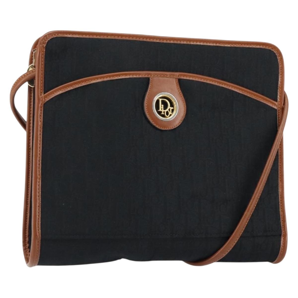 Christian Dior Trotter Canvas Shoulder Bag Black Gold Auth BA7699