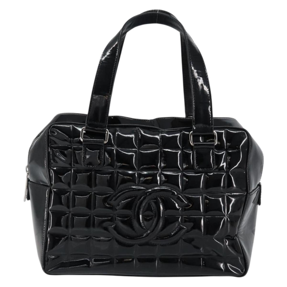 CHANEL Choco Bar Hand Bag Enamel Black Silver CC Auth BA7748