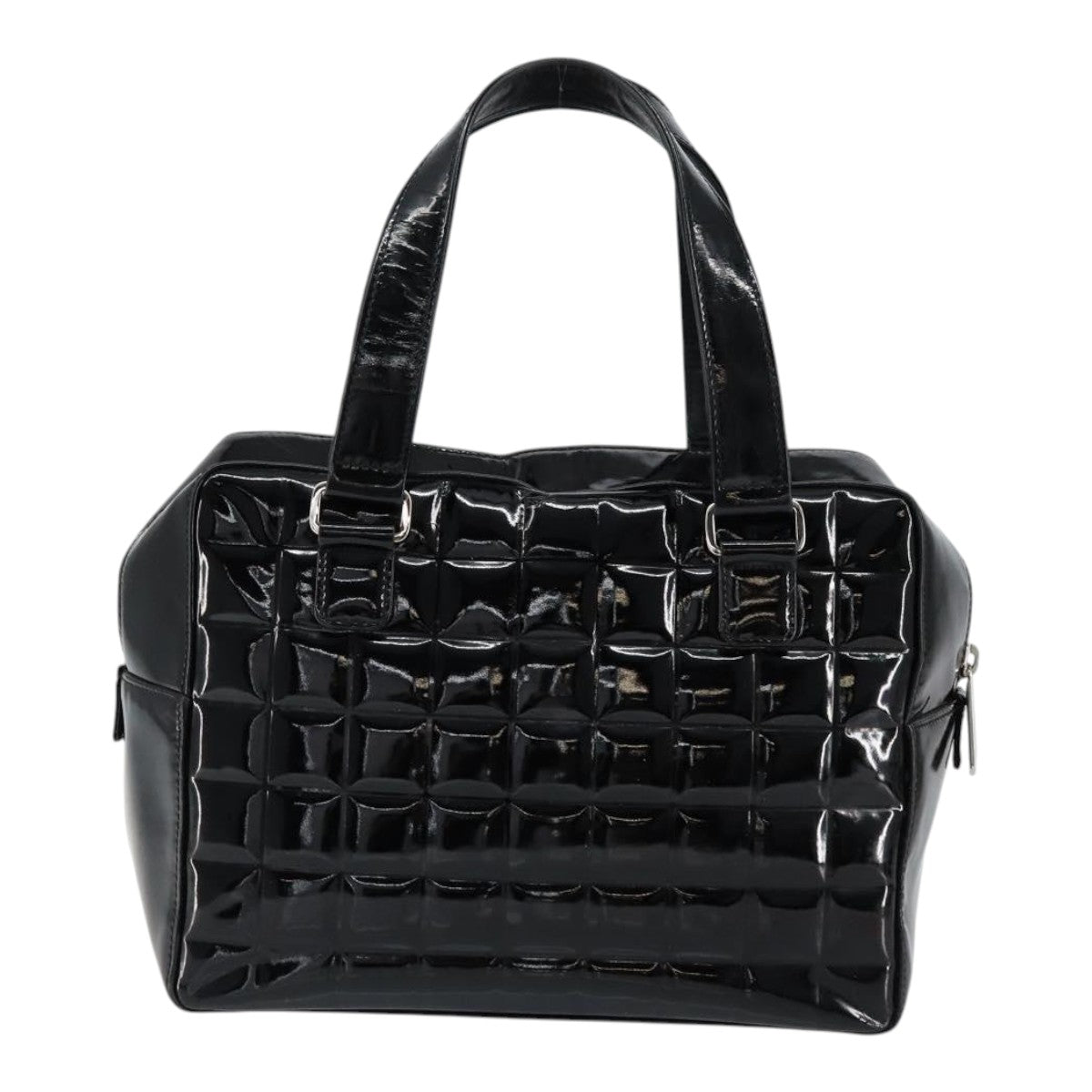 CHANEL Choco Bar Hand Bag Enamel Black Silver CC Auth BA7748