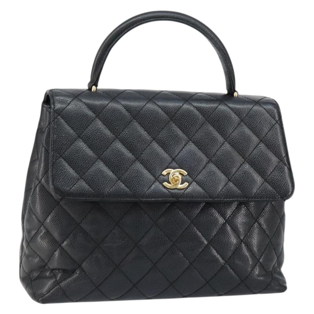 CHANEL Hand Bag Caviar Skin Black Gold CC Auth BA7750