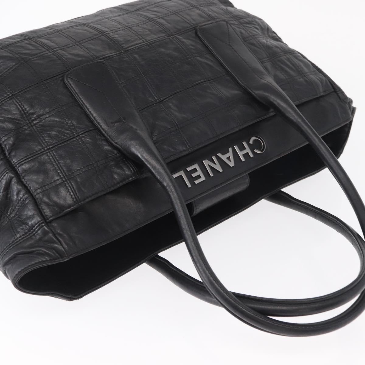 CHANEL Choco Bar Tote Bag Leather Black Silver CC Auth BA7753