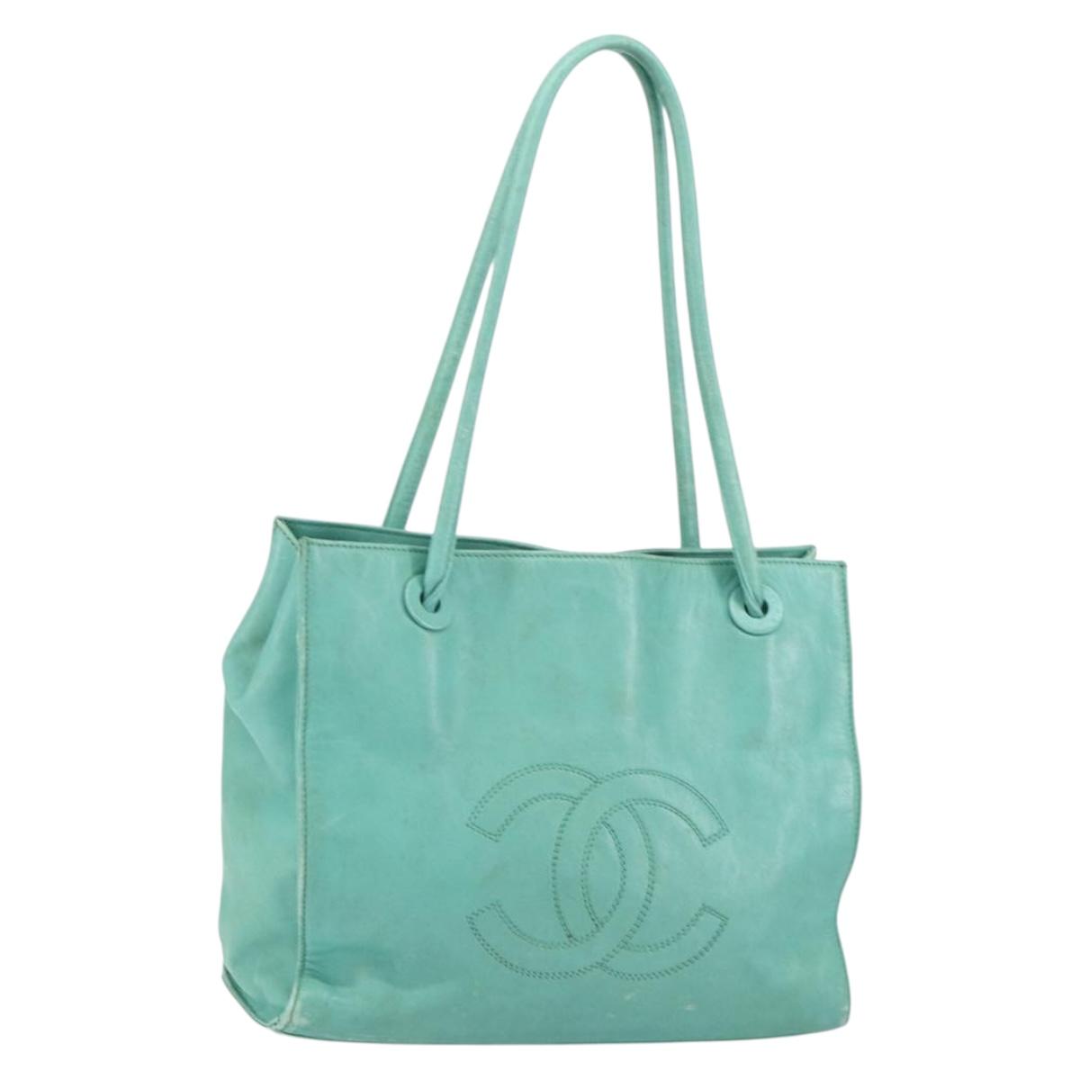 CHANEL Tote Bag Lamb Skin Turquoise Blue CC Auth BA7754