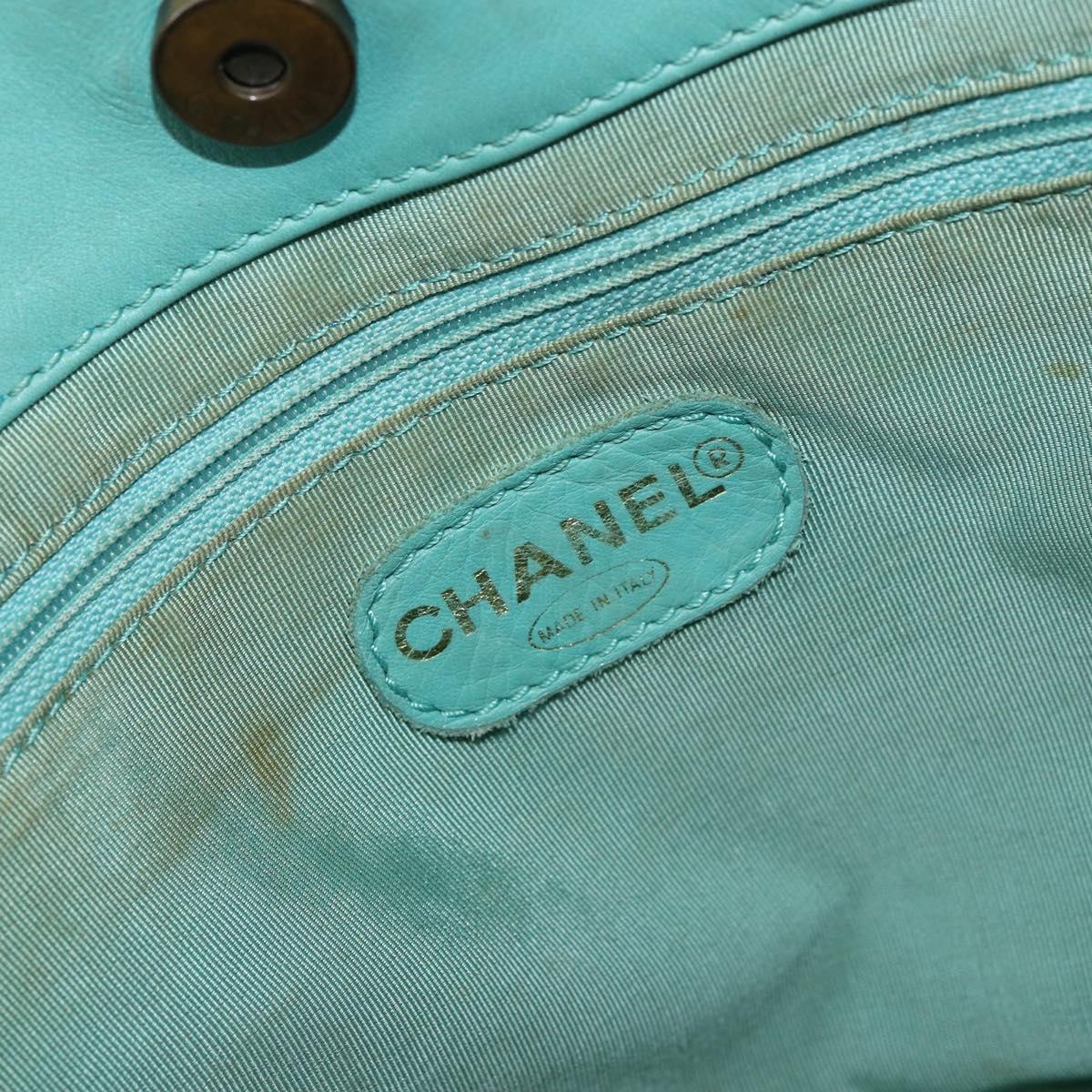 CHANEL Tote Bag Lamb Skin Turquoise Blue CC Auth BA7754