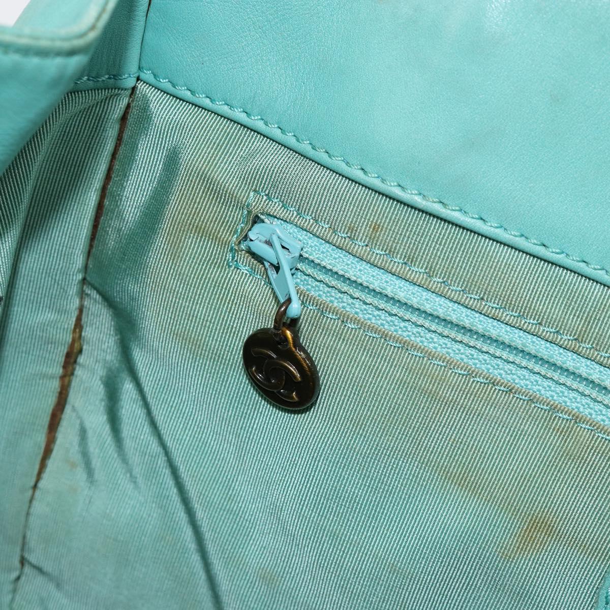 CHANEL Tote Bag Lamb Skin Turquoise Blue CC Auth BA7754