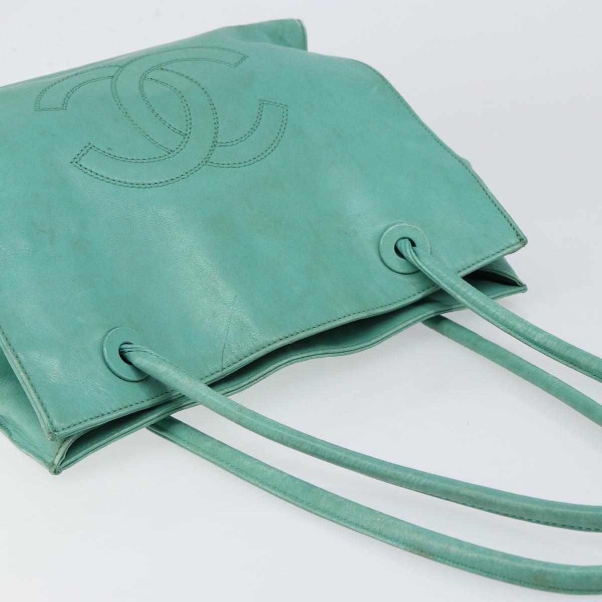 CHANEL Tote Bag Lamb Skin Turquoise Blue CC Auth BA7754