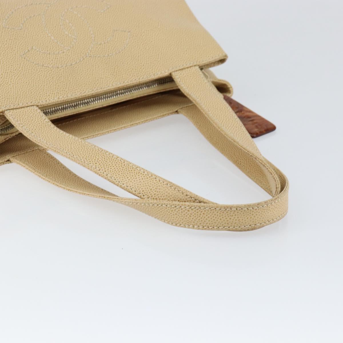 CHANEL Tote Bag Caviar Skin Beige Gold CC Auth BA7755