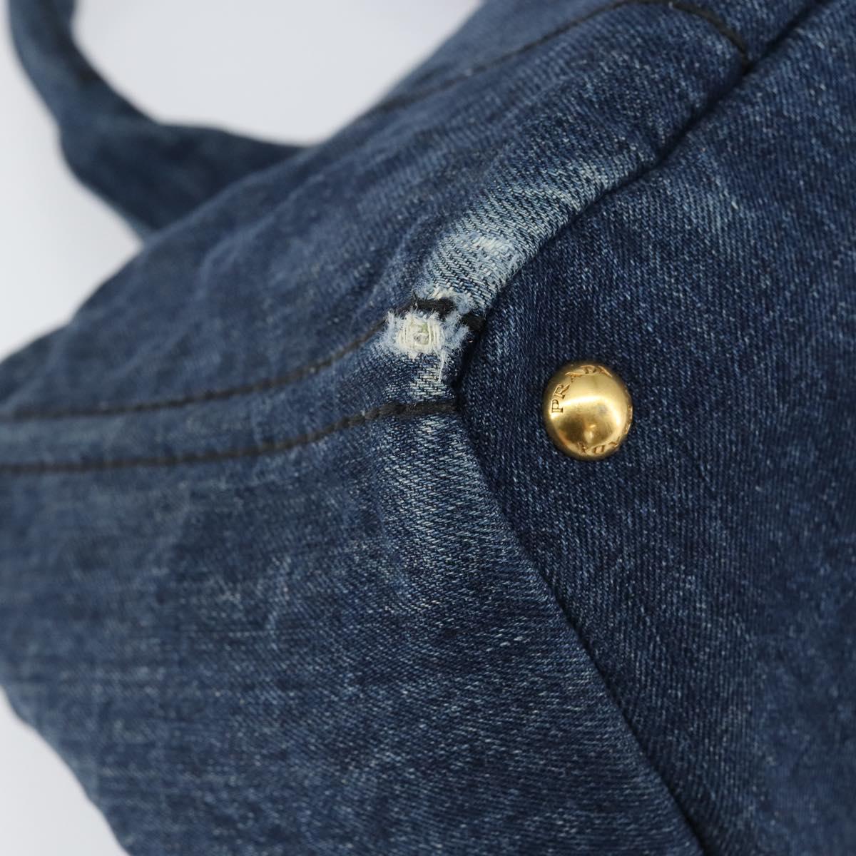 PRADA Canapa MM Hand Bag Denim Blue Gold Auth BA7761