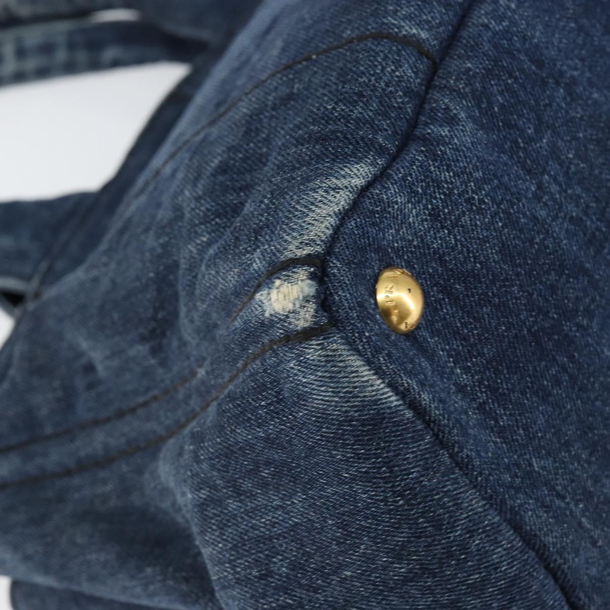 PRADA Canapa MM Hand Bag Denim Blue Gold Auth BA7761